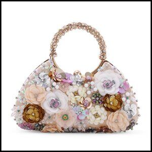 Floral Evening Clutch with Rhinestone Handle Elegant Formal Party Bag